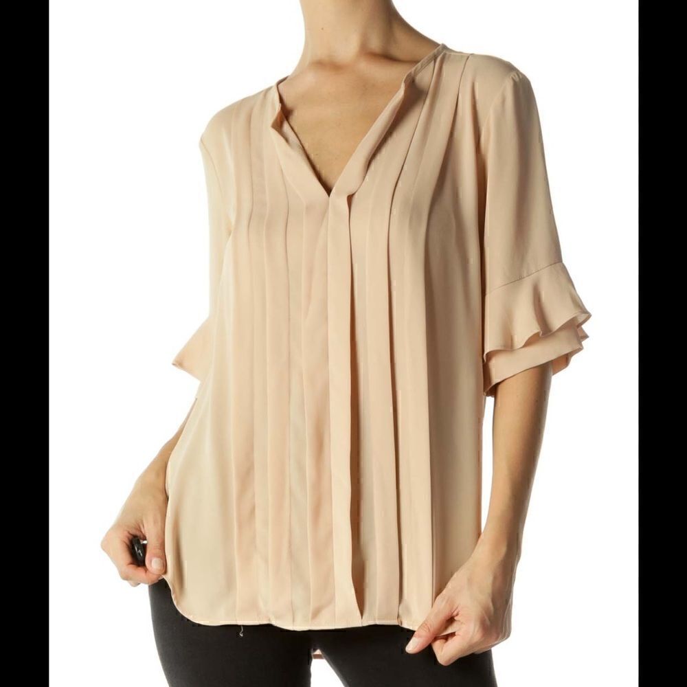 Ann Taylor Beige Pleated Ruffled Sleeve Blouse